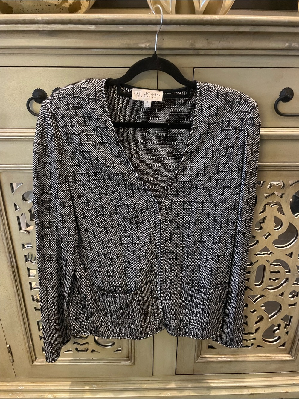 St. John Black and White Geometric Knit Blazer